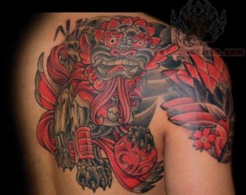 Black And Red Foo Dog Tattoo
